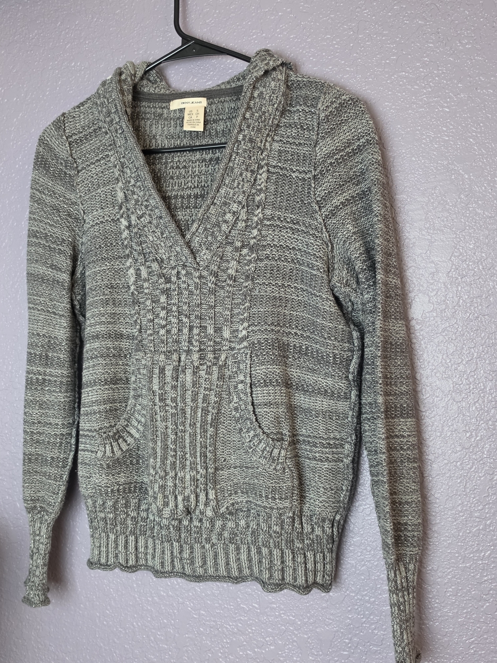 DKNY Gray Marled V-Neck Hooded Sweater